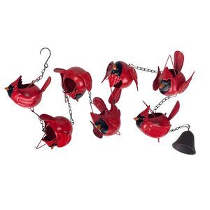 85-Inch Metal Rain Chain - 7 Red Cardinal Birds - Weighted Bell - Brown Finish